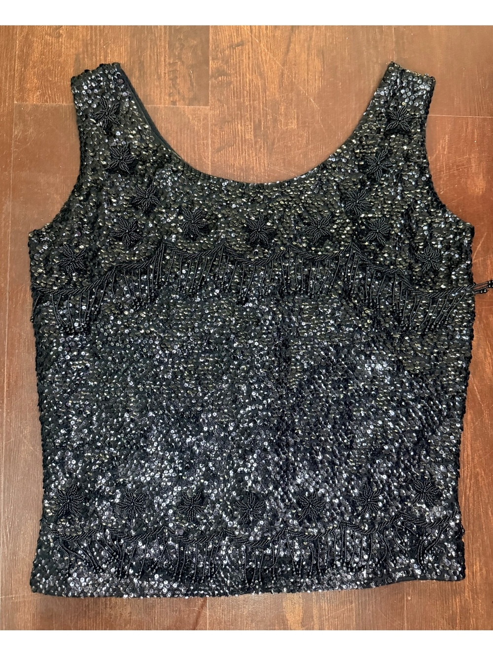 Vintage White Front Hand Beaded Sequin Fringe Tank Top Black Virgin Wool Medium
